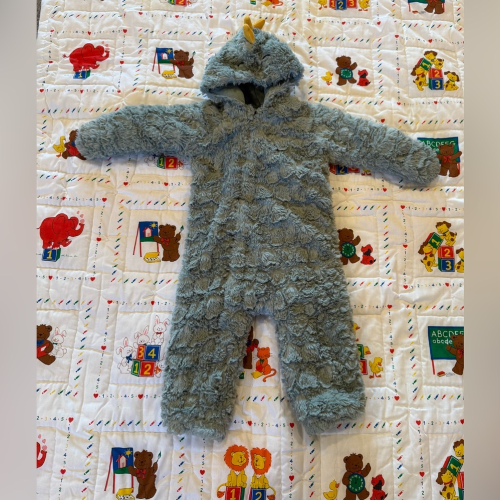 Warm full onsie. Dinosaur hood